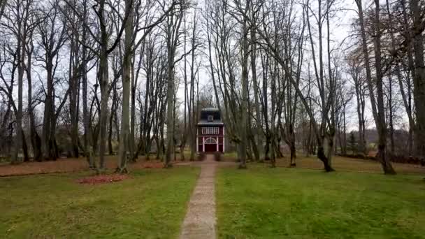 Aerial Drone View Small Chapel House Autumn Recorded Ungurmuia Manor — Wideo stockowe