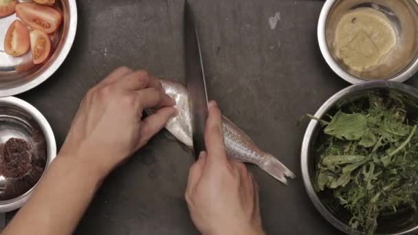 Top View Fresh Fish Being Cut Kitchen Counter Overhead — Stockvideo