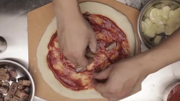 Topping Pizza Dough Beef Baking Overhead — Stock videók