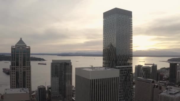 Aerial Sunset Rainier Square Tower Puget Sound Distance — Wideo stockowe