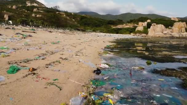 海岸線のプラスチック 廃棄物 藻類で非常に汚染されたビーチの上の低高度飛行 ベトナム アジア — ストック動画