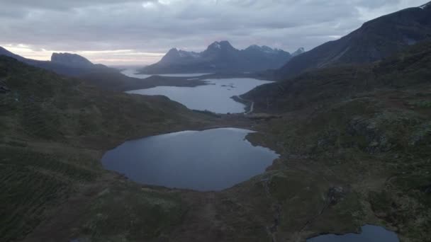 Aerial View Ponds Raw Nature Mountainous Fjord Background Gloomy Lofoten — Vídeos de Stock