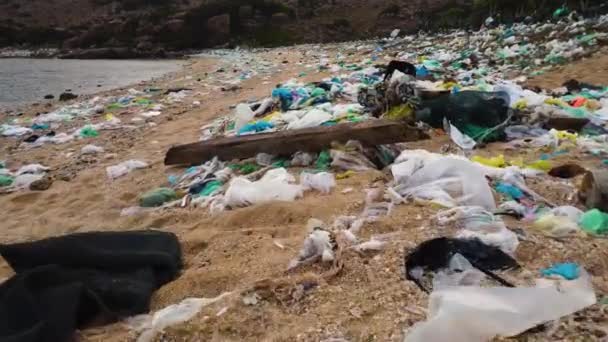 Plastic Bags Marine Debris Littering Sandy Beach Vietnam Drone — Stock video