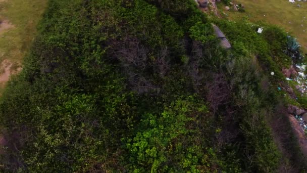 Aerial Birdseye Dolly Right Landscape Revealing Garbage Accumulated Beach — Stockvideo