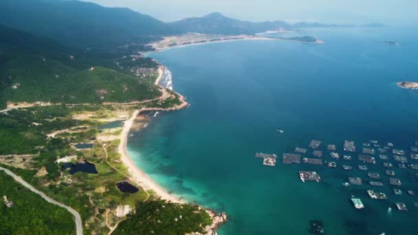 Slow Aerial Pan Right Shot Vietnamese Coast Area Fish Farming — Stock Video