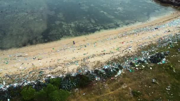 Drone Shot Showing Person Walking Polluted Beach Aloind Coastline Vietnam — Stockvideo