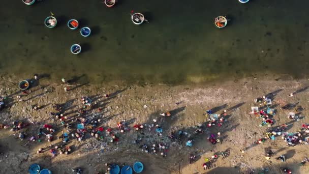 Aerial Top Vietnamese Fishing Villagers Crowded Beach Shore Coracle Boats — Video