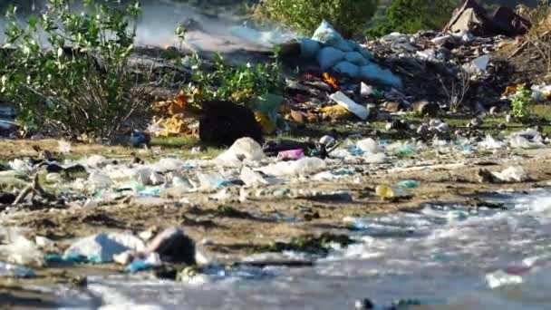 Oceano Spiaggia Spiaggia Inquinata Rifiuti Plastica Rifiuti Che Bruciano Sul — Video Stock