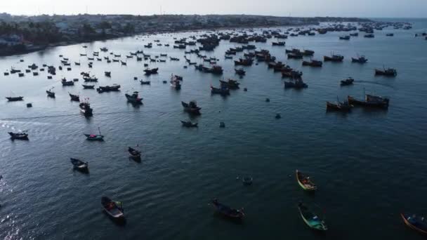 Aerial View Mui Fishing Harbor Vietnam Asia Catamaran Fishing Net — Stockvideo