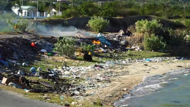 Collection Burning Beachside Trash Causing Degradation Environment — Video Stock