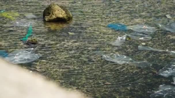 Plastic Pollution Used Plastic Bag Slowly Floating Ocean Water Climate — Video Stock