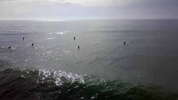 Silhouettes Surfers Boards Sun Glistens Sea Wonderful Aerial View Flight — Stock video