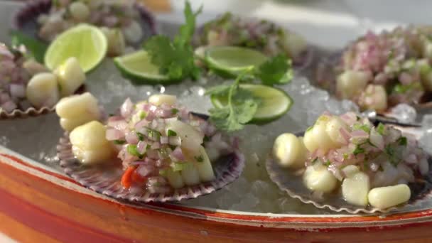 Conchas Chalaca Frutos Mar Peruanos Saborosos Cozinha Local Gourmet — Vídeo de Stock