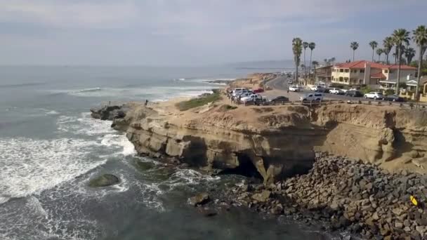 Surfer Swims His Board Front Cliff Fantastic Aerial View Flight — Vídeos de Stock