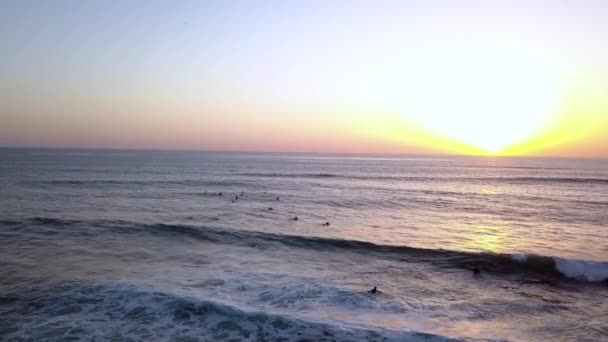 Slow Motion Friends Meeting Surfing Sunset Weekend Fantastic Aerial View — Stockvideo