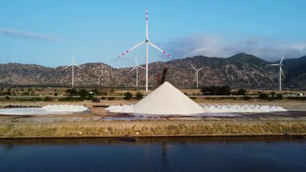 Heap Salts Salt Pan Wind Turbines Distance Aerial — Stockvideo