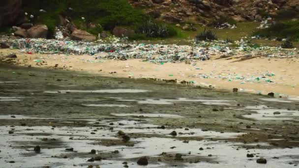 Gimbal Záběr Extrémně Znečištěné Plážové Scény Plastové Sáčky Roztroušené Písku — Stock video