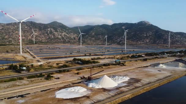 Aerial View Salt Fields Spread Windmill Farm Phan Rang Vietnam — Stockvideo