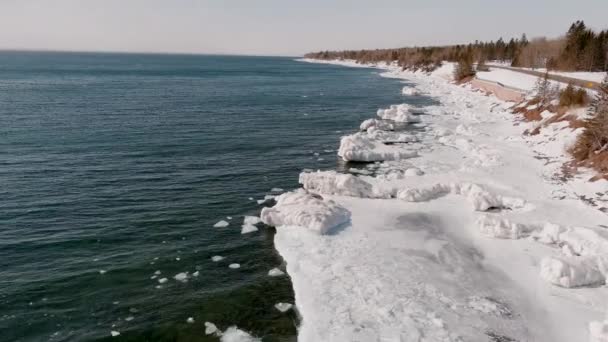 Frozen Waters Lake Superior Minnesota Coast Aerial Shot — Stock video