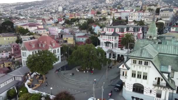 Panoramic Top Aerial View Cerro Alegre Hill Valparaiso Colorfull City — 图库视频影像