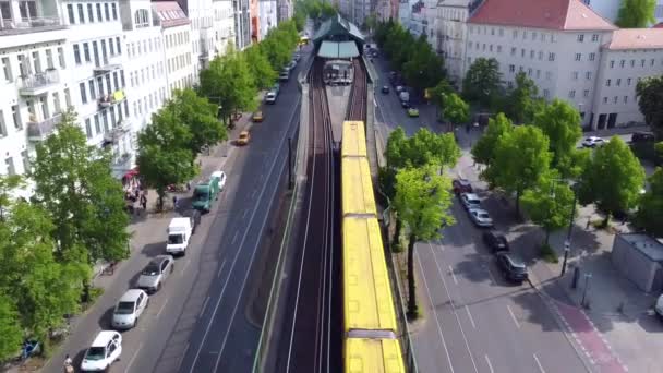 Yellow Subway Goes Elevated Train Station Eberswalder Marvelous Aerial View — Stockvideo