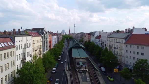 Cars Driving Train Station Eberswalder Background Tower Daring Aerial View — Stockvideo