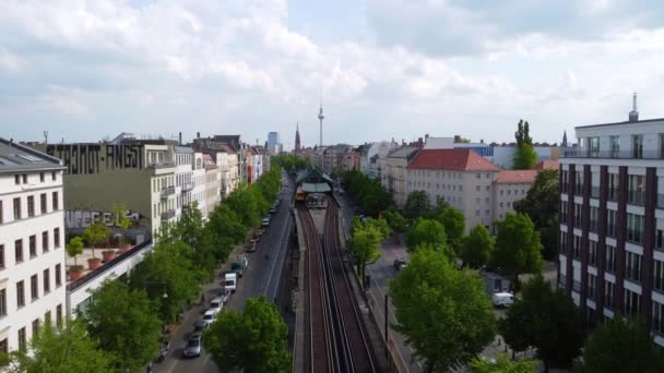 Panorama Public Transport Station Elevated Train Tower Smooth Aerial View — Stock video