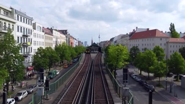 Public Transport Yellow Subway Drive Elevated Track Stunning Aerial View — Stock video