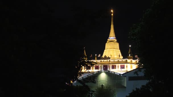 Golden Pagoda Night Surrounded Trees Golden Mount Temple Bangkok Night — Stockvideo