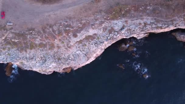 Top Aerial View Waves Splash Rocky Seashore Background Flight High — Stock video