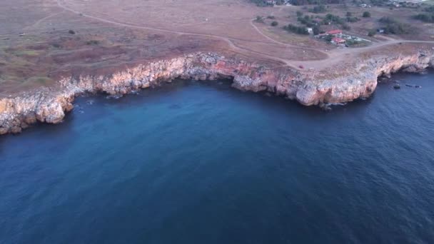 Top Aerial View Waves Splash Rocky Seashore Background Flight High — Stockvideo
