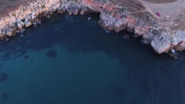 Top Aerial View Waves Splash Rocky Seashore Background Flight High — Wideo stockowe