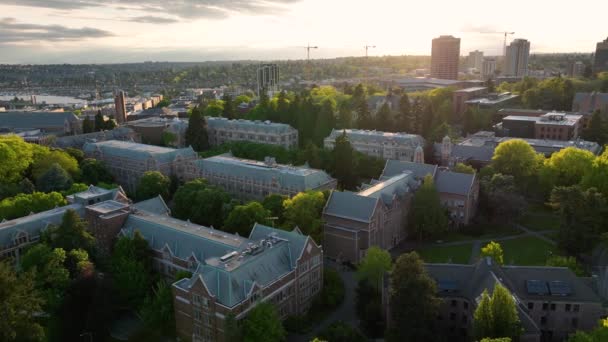 Při Západu Slunce Obíhá Letecký Záběr Kampusu Univerzity Washingtonu Seattlu — Stock video