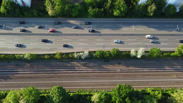 Three Lane Highway Railroad Tracks Subway Bahn Great Aerial View — Stockvideo