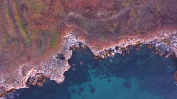 Top Aerial View Waves Splash Rocky Seashore Background Flight High — ストック動画