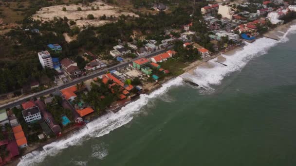 Ocean Water Almost Hitting Vietnamese Town Beach Erosion Problem Aerial — Vídeos de Stock