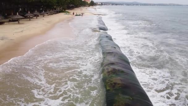 Geotubes Used Beach Prevent Beach Erosion Coastline Drone — Stock video
