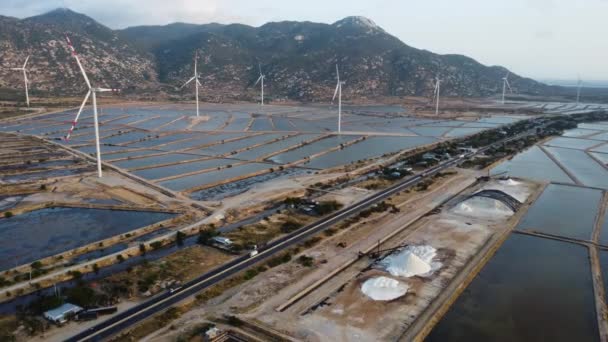 Aerial Panoramic View Wide Salt Fields Wind Turbines Road Crossing — ストック動画
