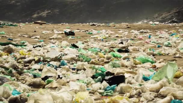 Primer Plano Una Playa Muy Contaminada Una Gran Ola Basura — Vídeo de stock