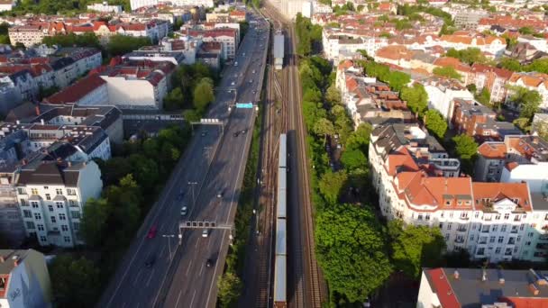 Subway Train Enters Station Next Berliner Ring Marvelous Aerial View — Vídeos de Stock