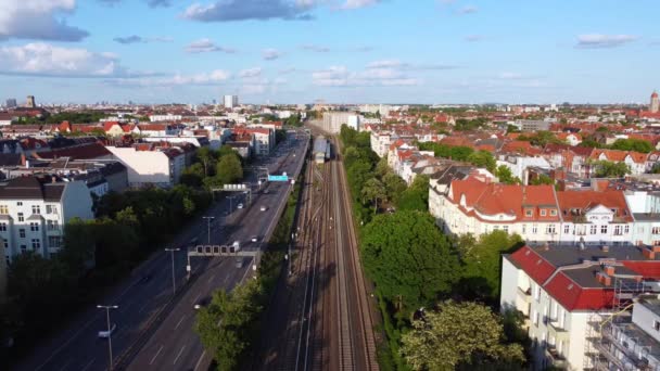 Traffic Freeway Railway Tracks Perfect Stable Tripod Aerial View Flight — Stock Video