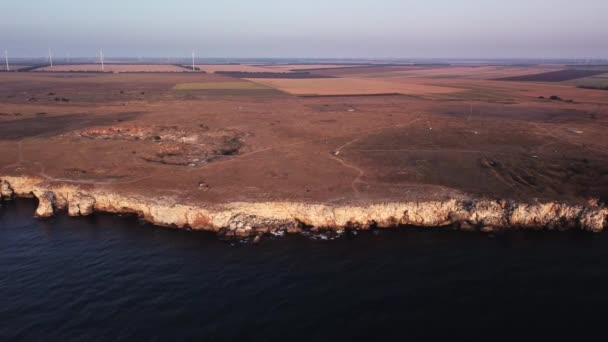 Drone Top Aerial View Waves Splash Rocky Seashore Background Flight — Stock videók