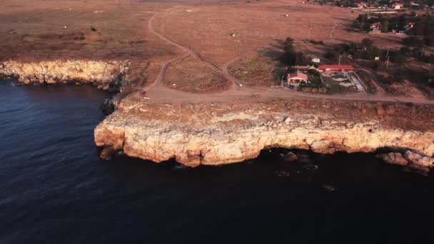 Drone Top Aerial View Waves Splash Rocky Seashore Background Flight — Stock video