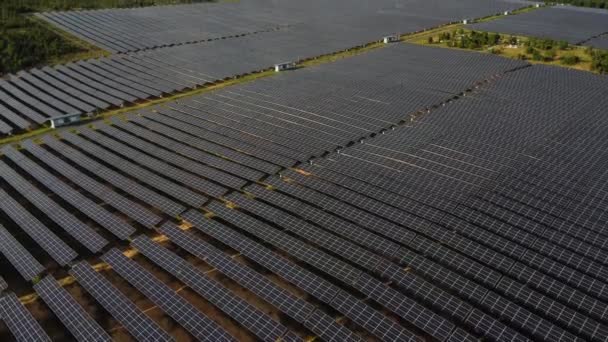 Aerial Pan Field Solar Panels Generating Renewable Sustainable Green Energy — Video
