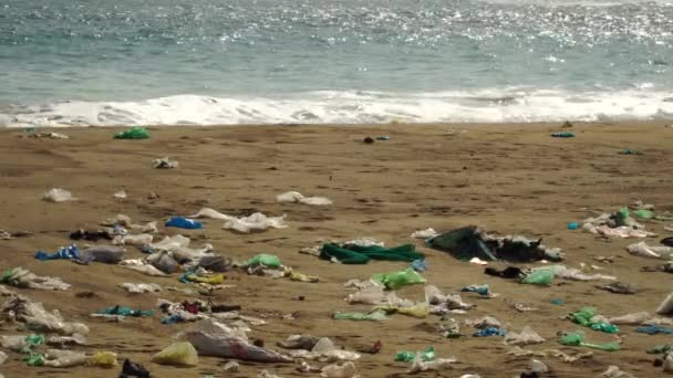 Statisch Schot Strand Vervuild Met Plastic Oceaan Afval Golf Getijden — Stockvideo