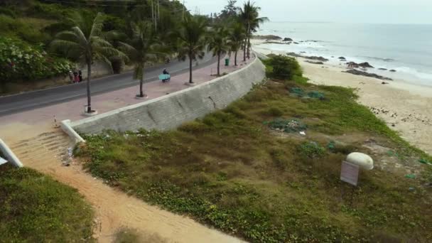 Aerial View Surfer Driving Tropical Asiatic Scenic Coastline Carrying Surf — Stock Video