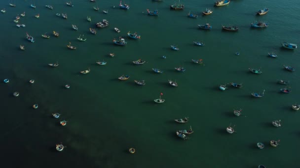 Aerial Fishing Boats Vietnam Southeast Asia Moored Ocean Harbor Bay — Stockvideo