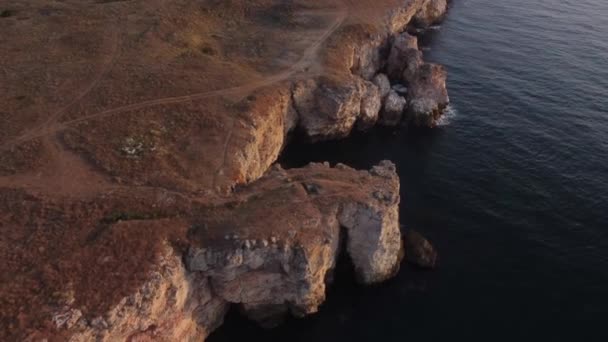 Drone Top Aerial View Waves Splash Rocky Seashore Background Flight — стокове відео