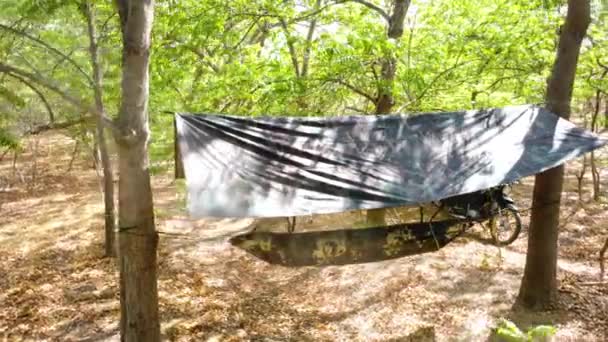 Tend Hammock Bush Wild Camping Forest Using Tarp Protecting Sun — стоковое видео