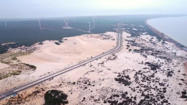 Coastal White Sand Dunes Vietnam Windmill Farm Nearby Aerial View — Vídeo de Stock